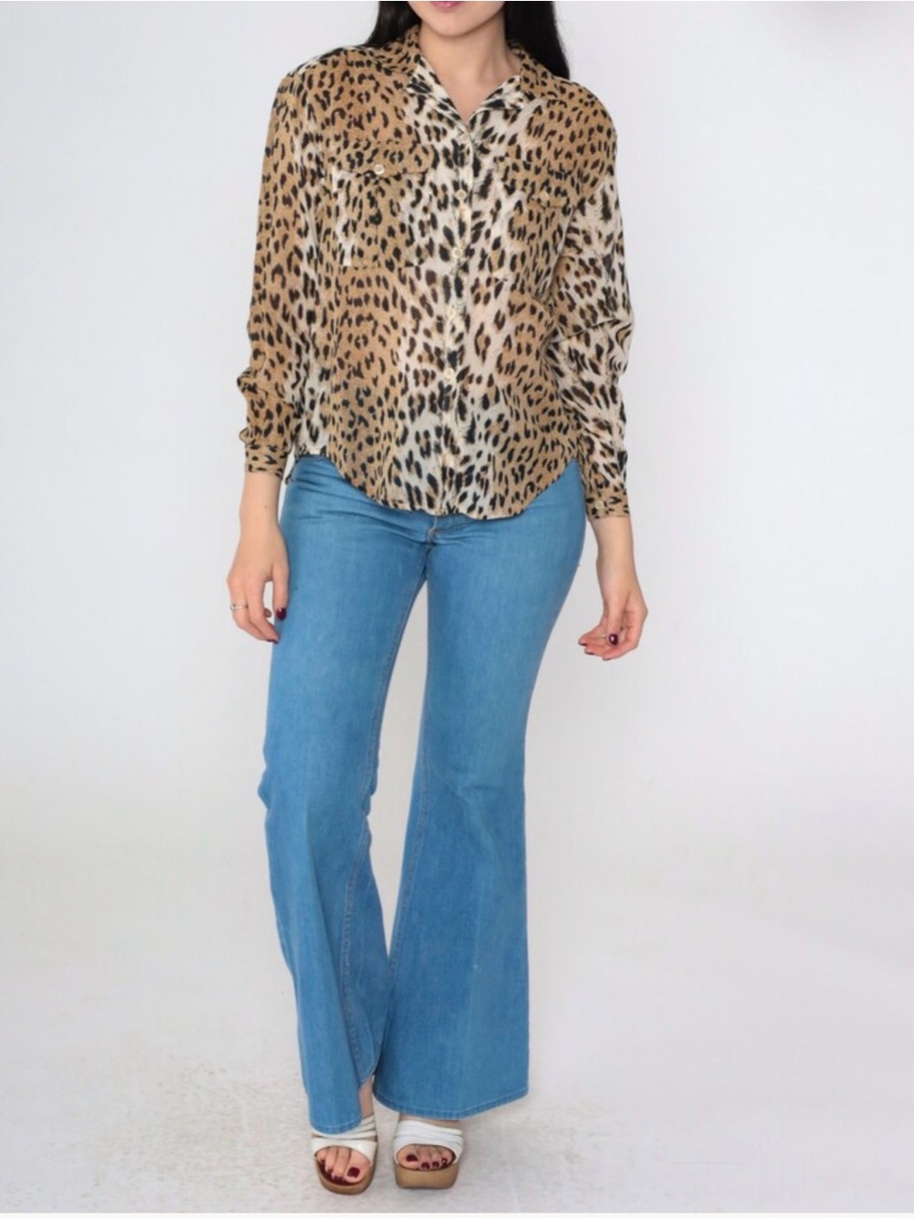Leopard Print Blouse Semi-Sheer Animal Print Button Up Long Sleeve Vintage 1990s